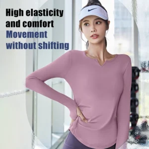 FUYOGI Long Sleeve Top Women Sport V neck Slim Fit Quick Dry Breathable Gym Workout