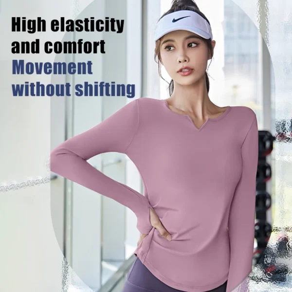 FUYOGI Long Sleeve Top Women Sport V neck Slim Fit Quick Dry Breathable Gym Workout