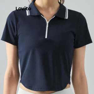 Lovito Sporty Plain Contrast Binding Sports T Shirts for Women